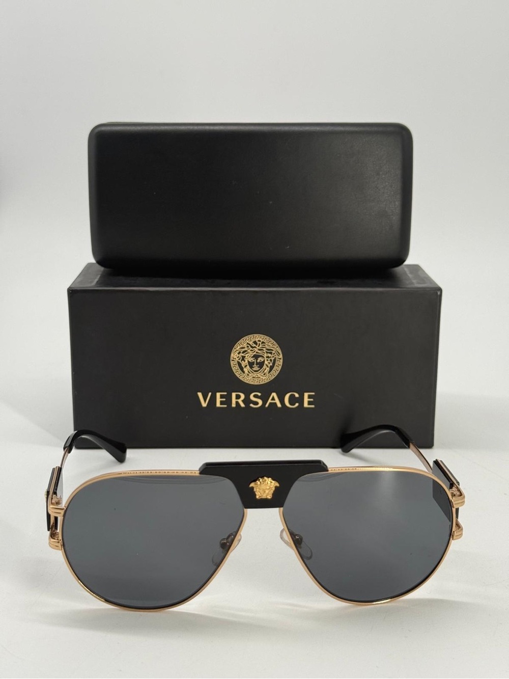Versace Men's Sunglasses Gold w/ Dark Grey Oval Lens MOD 2252 Size 63/12